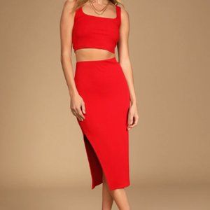 Red Ribbed Bodycon Two-Piece Dress